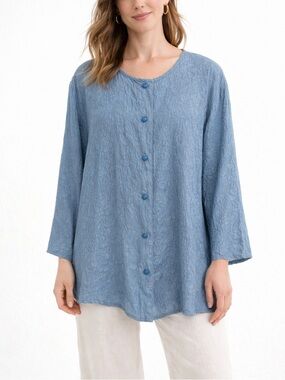 Vintage URU Blue Silk Floral Jacquard Blouse Tunic Top USA Size XL Boho Artsy